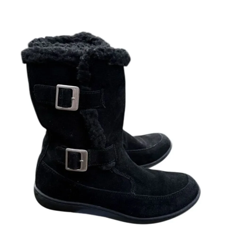 Steve Madden Women’s Suede Boots Side Buckles Fleece Lined Sz. 10.5 Black